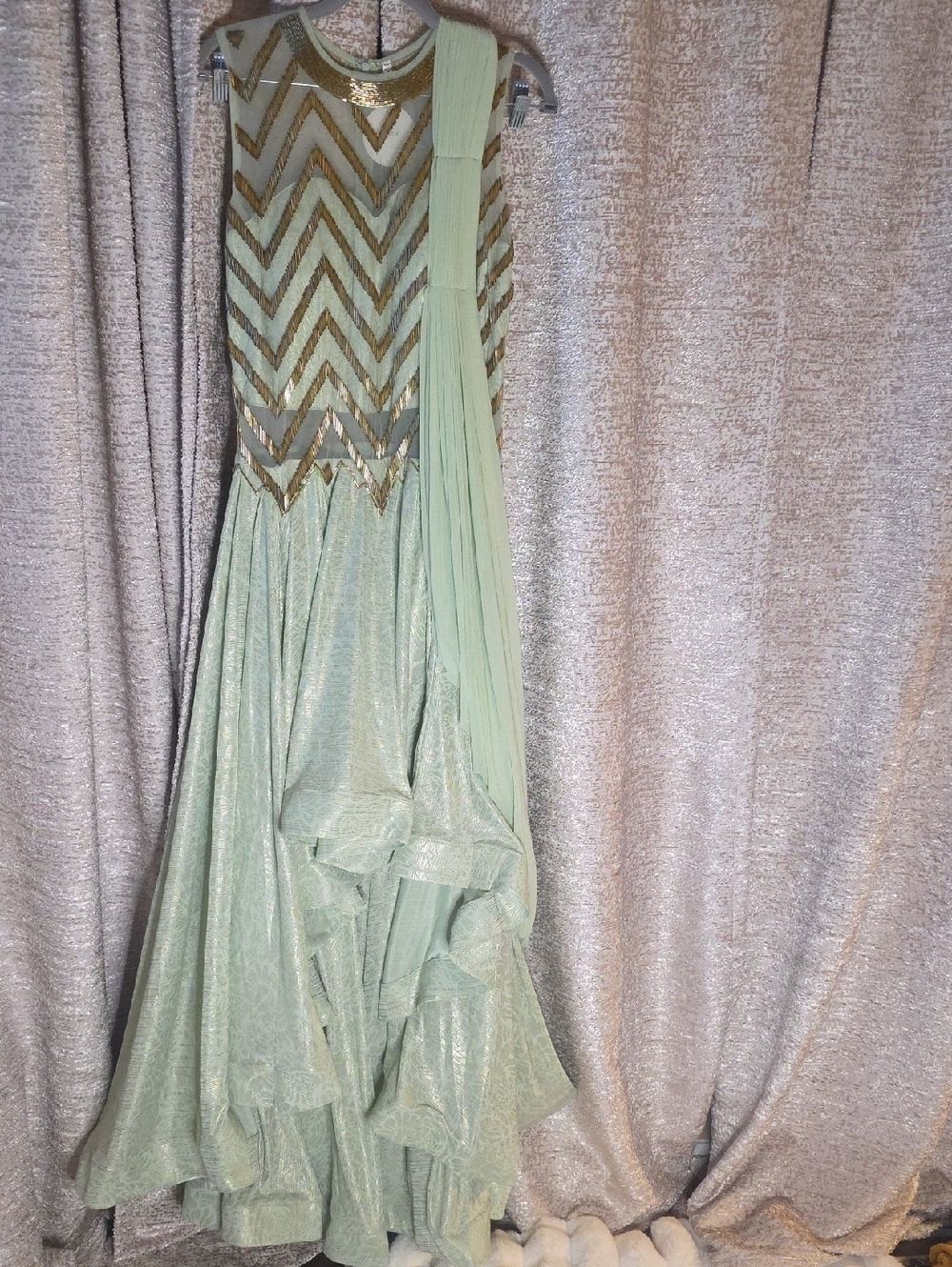 Ethnic Mint Green Maxi Wedding  Dress with Gold Chevron Sequin Bodice